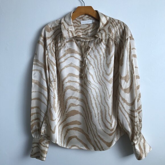 Jonathan Simkah Silk Shirt Ivory Tan Satin Zebra Womens Medium - Picture 1 of 10